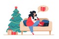 Woman buys Christmas gifts online store. New Year`s online shopping from home. Vector illustration for a greeting card Royalty Free Stock Photo